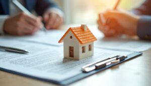A small model house on a table with real estate documents and pens, suggesting a property transaction.